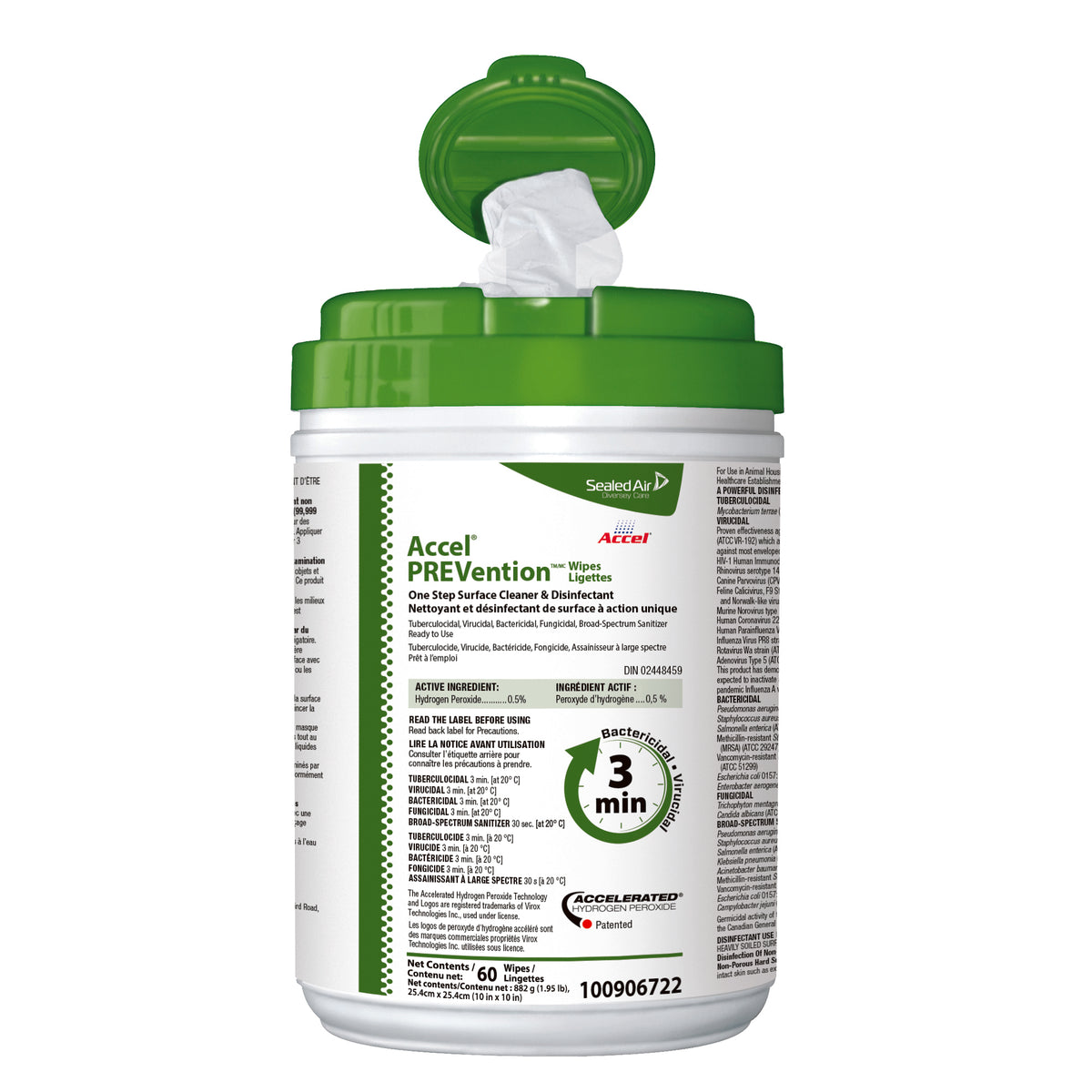 Accel Virox PREVention™ Disinfectant Wipe, 3 Minute; 10" x 10" (25.4 cm x 25.4 cm), 60/Canister