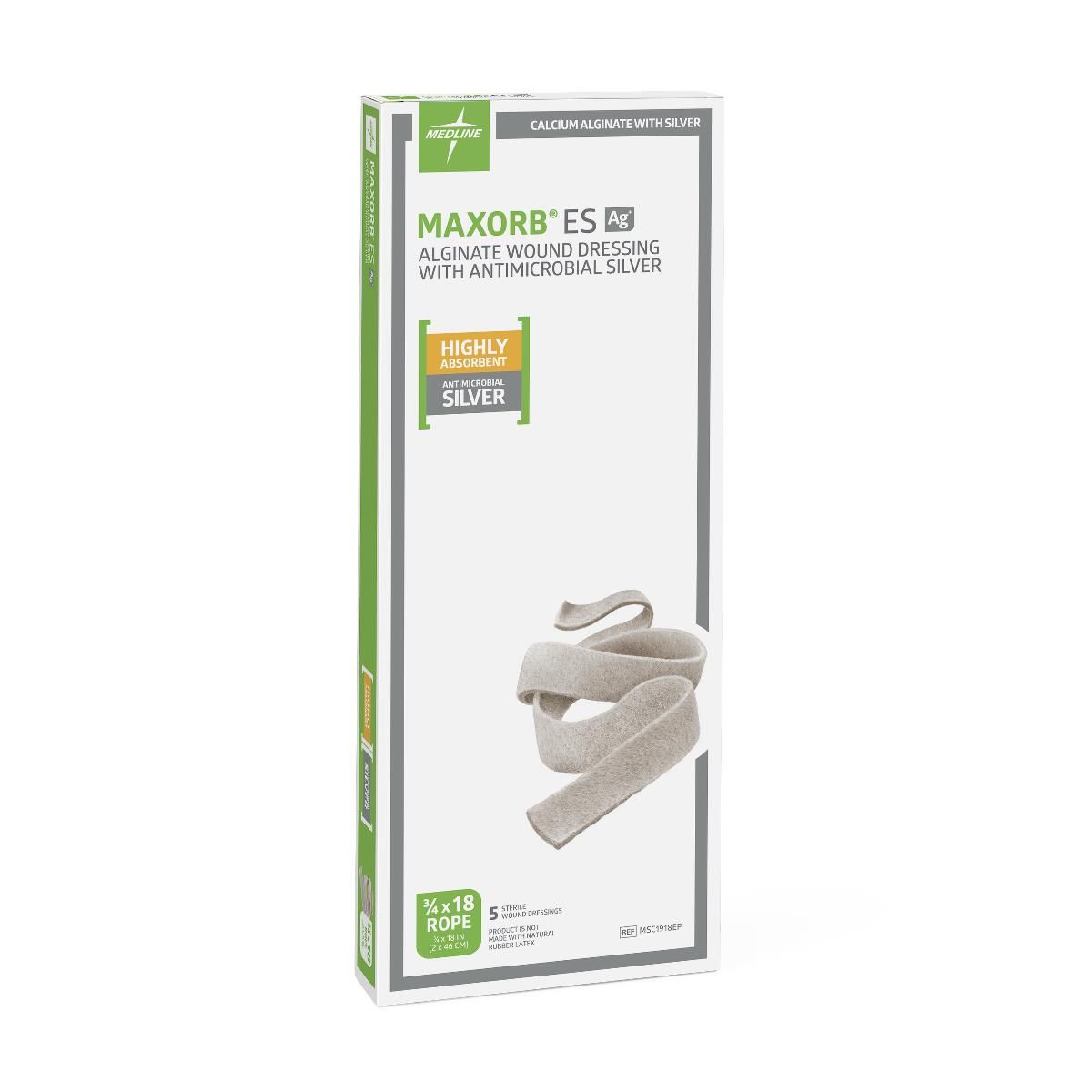 Medline Maxorb® Ag Silver 100%-Calcium Alginate Dressing; 0.75" x 17.75" (1.9 cm x 45 cm), Ribbon