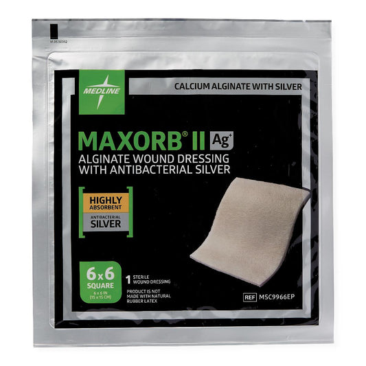 Medline Maxorb® II Ag Silver 100%-Calcium Alginate Dressing; 6" x 6" (15.2 cm x 15.2 cm)